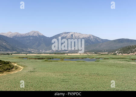 Paesaggi di montagna circondato Lago Stymphalia, che è riempito con fitti canneti in estate, Peloponneso e Grecia. Famoso nel mito come il sito dove Foto Stock