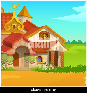 Poster con una favolosa Royal casa in legno in un campo con erba verde e azzurro del cielo. Vector cartoon close-up illustrazione. Illustrazione Vettoriale
