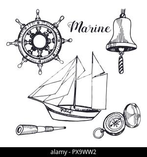 Marine elementi isolati su sfondo bianco. Il capitano della nave gli accessori disegnati a mano sketch. Illustrazione Vettoriale