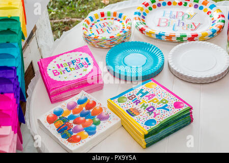 Tavolo bianco servito con stoviglie monouso, colorato di tovaglioli e piatti di carta, pronto per la festa di compleanno. Close up. Foto Stock