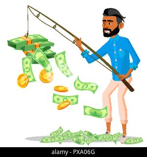 Lucky imprenditore con una canna da pesca in mani e mucchio di soldi vicino al vettore. Illustrazione isolato Illustrazione Vettoriale