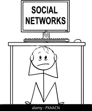 Cartoon di uomo o imprenditore seduto nascosto sotto la scrivania con computer e reti sociali di testo Illustrazione Vettoriale