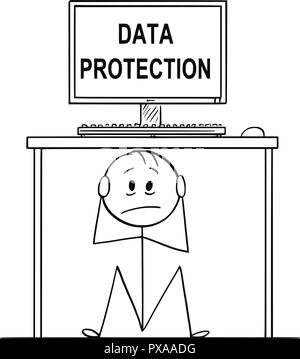 Cartoon di uomo o imprenditore seduto nascosto sotto la scrivania con computer con protezione dei dati testo Illustrazione Vettoriale