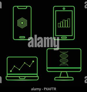 Neon verde icone della tecnologia su sfondo nero, vettore di stock Illustrazione Vettoriale