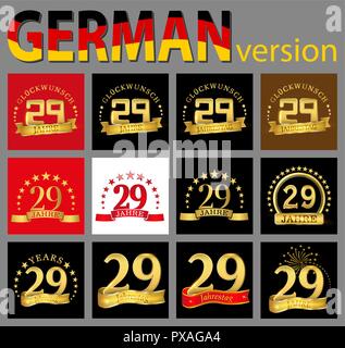 Impostare il numero di ventinove (29 anni) la celebrazione del design. Anniversario numero d'oro agli elementi del modello per la tua festa di compleanno. Tradotto dal germe Illustrazione Vettoriale