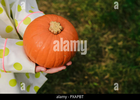 I bambini con le mani in mano in possesso di una zucca arancione sulla sponda del fiume. Halloween. Foto Stock