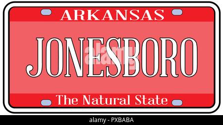 Arkansas state la targa con i colori della bandiera di stato con la città Jonesboro il testo su sfondo bianco Illustrazione Vettoriale