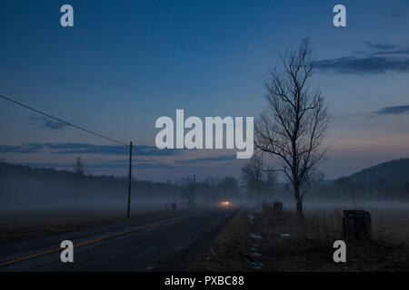 Un fantasma della nebbia aleggia sulle superfici agricole lungo una strada di campagna nello Stato di New York durante una calda serata di gennaio. Foto Stock