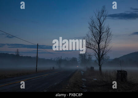 Un fantasma della nebbia aleggia sulle superfici agricole lungo una strada di campagna nello Stato di New York durante una calda serata di gennaio. Foto Stock