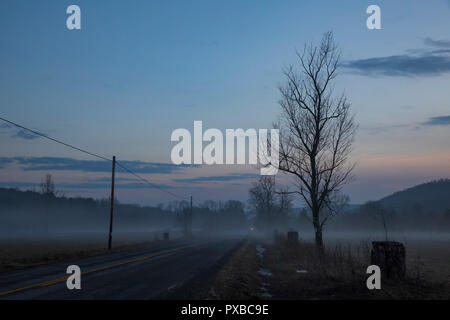 Un fantasma della nebbia aleggia sulle superfici agricole lungo una strada di campagna nello Stato di New York durante una calda serata di gennaio. Foto Stock