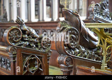 Sculture in legno sul coro presso la Cattedrale di Exeter, Exeter, Inghilterra, Regno Unito. Foto Stock