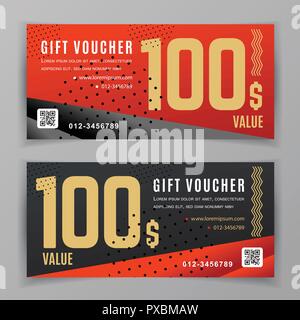 Vector gift voucher modello. Il flyer universale per il business. Rosso nero oro forme astratte per reparto storie, cosmetica, vestiti. tecnologia. Sfondo astratto Illustrazione Vettoriale