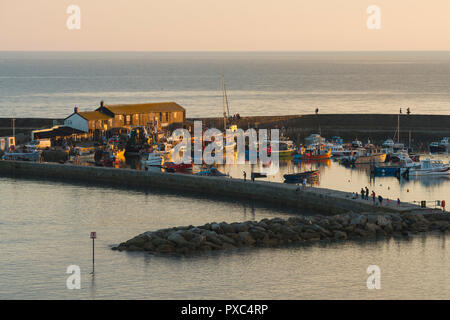 Lyme Regis, Dorset, Regno Unito. Il 21 ottobre 2018. Regno Unito Meteo. Gli ultimi raggi di sole illumina il Cobb porto alla stazione balneare di Lyme Regis in Dorset appena prima del tramonto durante la metà termine vacanze scolastiche. Credito Foto: Graham Hunt/Alamy Live News Foto Stock