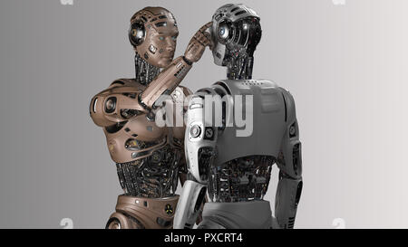 Robot futuristico uomo di toccare la testa di un altro robot identici o chiedere a un altro cyborg di utilizzare il suo cervello. 3D Render. Foto Stock