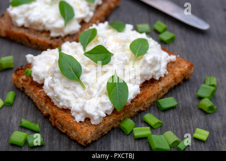 Grano intero pane con formaggio feta e erbe aromatiche. Foto Stock