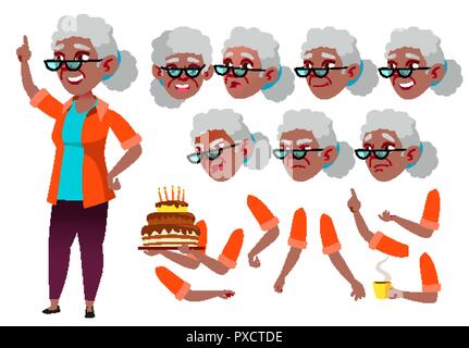 Vecchia donna vettore. Senior Persona. Nero. Afro-americano. Età, gli anziani. Bellezza e stile di vita. Affrontare le emozioni, vari gesti. Creazione di animazione Set. Piatto isolato personaggio dei fumetti illustrazione Illustrazione Vettoriale