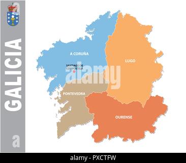 Colorato Galizia politica e amministrativa di mappa vettoriale con stemma. Illustrazione Vettoriale