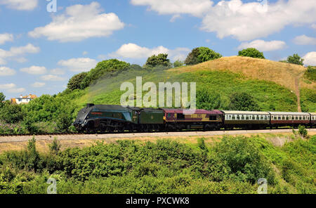 Classe A4 Pacifico n. 60009 Unione del Sudafrica doppia voce con gasolio della classe 66 n. 66106 dopo Goodrington, con il Torbay Express, 15th luglio 2018. Foto Stock