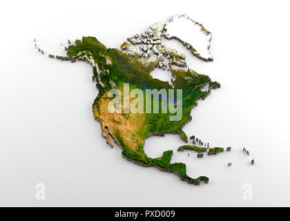 Realistiche in 3D estrusa mappa del Nord America (Nord del Continente americano,tra cui America Centrale) Foto Stock