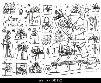 Doodle set di regali di Natale. Disegnata a mano cartoon confezioni regalo in varie forme e pila di vacanza presenta sulla slitta. Illustrazione di vettore isolato su bianco. Gli elementi di design collection. Illustrazione Vettoriale