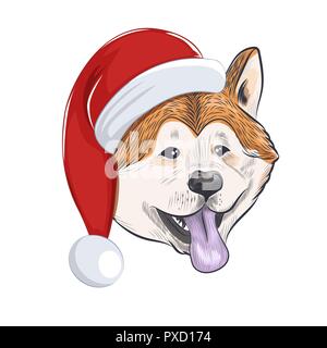 Akita Inu cane indossa cappello di Natale. Disegnato a mano il segugio vacanze per biglietto di auguri. Illustrazione Vettoriale