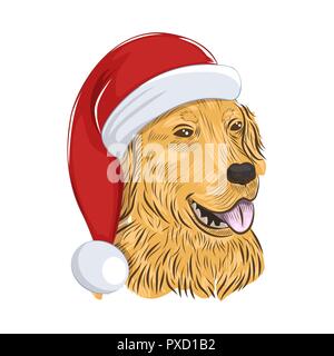 Il Golden Retriever indossa cappello di Natale. Vacanza cane isolato su sfondo bianco. Illustrazione Vettoriale