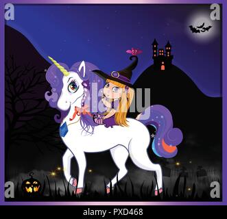 Cartoon halloween illustrazione vettoriale con simpatici baby Ragazza strega sul bellissimo unicorno magico sulla notte di luna piena paesaggio spaventoso sfondo con castello Illustrazione Vettoriale