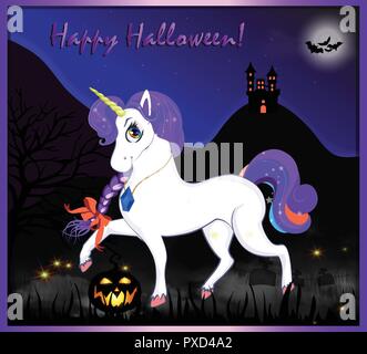 Happy Halloween cartoon greeting card di carino unicorno magico con capelli viola sulla notte di luna piena andscape spookyl sfondo con castello, pipistrelli, cemet Illustrazione Vettoriale