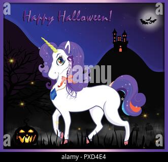 Happy Halloween cartoon greeting card di carino unicorno magico con capelli viola sulla notte di luna piena andscape spookyl sfondo con castello, pipistrelli, cemet Illustrazione Vettoriale
