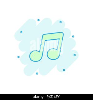 Vector cartoon icona Musica in stile fumetto. Nota audio segno illustrazione pittogramma. Melody music business effetto splash concept. Illustrazione Vettoriale