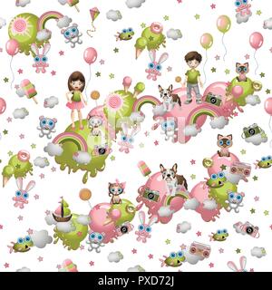 Seamless pattern in stile cartoon con bambini, giocattoli, animali domestici, dolci, gelati, palloncini. Concetto di bambino texture di sfondo. Illustrazione Vettoriale