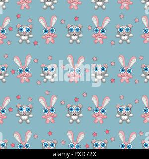 Giocattoli per neonati seamless pattern. Orsacchiotto di peluche e Bunny. Concetto di bambino vestiti texture. Illustrazione Vettoriale