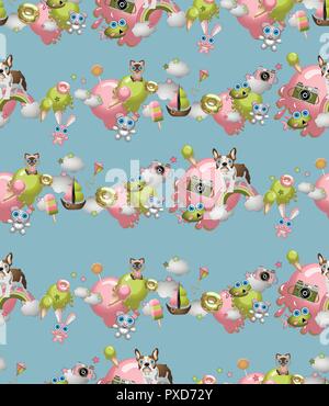 Seamless pattern in stile cartoon con giocattoli, animali domestici, dolci, gelati, palloncini. Concetto di bambino texture di sfondo. Illustrazione Vettoriale