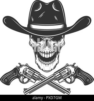 Cowboy cranio con attraversata rivoltelle. Elemento di design per poster, scheda, etichetta, segno, scheda, banner. Immagine vettoriale Illustrazione Vettoriale