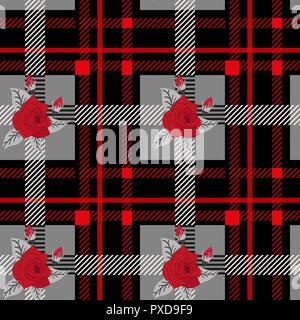 Bellissimi fiori pattern su plaid sfondo. Modello di rose, eps 10 Illustrazione Vettoriale