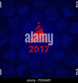 Silhouette di una corsa albero di Natale di colore rosso isolato su sfondo blu con texture di fiocchi di neve e di iscrizione 2017. Campione del poster, invito alla festa e altre carte. Illustrazione Vettoriale Illustrazione Vettoriale