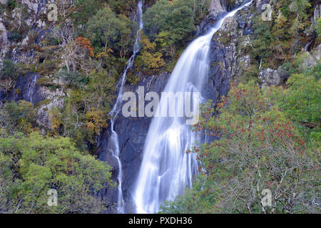 Aber Falls si trova nel Parco Nazionale di Snowdonia dove il Afon Goch immerge dalla gamma Carneddau vicino al villaggio di Abergwyngregyn. Foto Stock