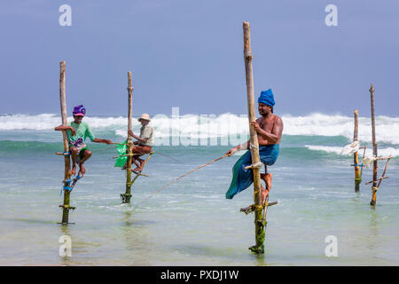 Stilt pescatori, Weligama, Matara District, sud della provincia, Sri Lanka Foto Stock