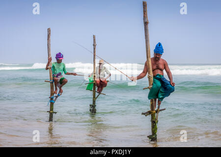 Stilt pescatori, Weligama, Matara District, sud della provincia, Sri Lanka Foto Stock