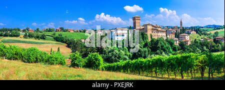 Bellissimo villaggio di Levizzano,vista con il vecchio castello e vigneti,Emilia Romagna,l'Italia. Foto Stock