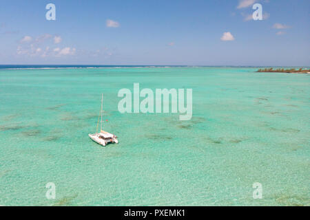 Vista aerea del catamarano in barca a vela in laguna turchese di Ile aux Cerfs laguna di isola in isola Maurizio. Foto Stock