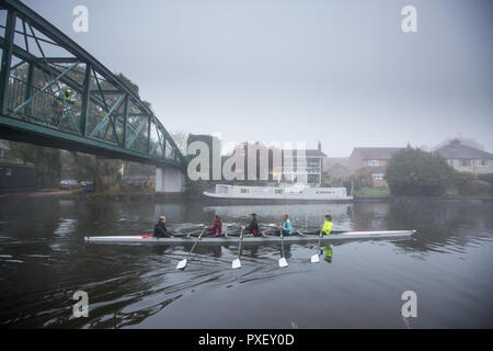 I rematori di treno sul fiume Cam in Cambridge in la mattina presto su un foggy nebbioso giorno Foto Stock