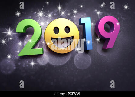 Gioioso nuova data dell'anno 2019 con una faccia sorridente, su una scintillante sfondo nero - 3D illustrazione Foto Stock
