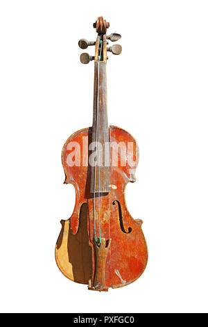 Incrinato vecchio violino isolate su sfondo bianco Foto Stock