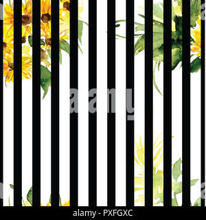 Il pattern di fioritura fiori di colore giallo girasole dipinti ad acquerello Foto Stock