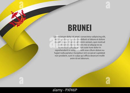 Sventolando in nastro o banner con bandiera del Brunei. Modello per la progettazione di poster Illustrazione Vettoriale