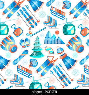 Sport invernali seamless pattern con apparecchiature icone piana. Foto Stock