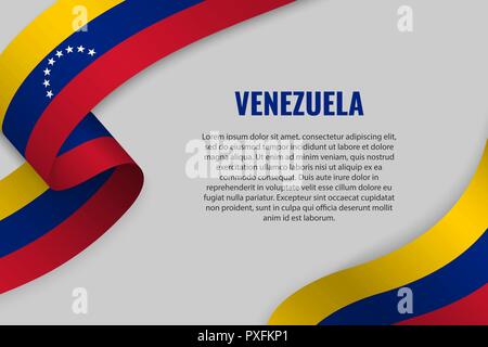 Sventolando in nastro o banner con bandiera del Venezuela. Modello per la progettazione di poster Illustrazione Vettoriale