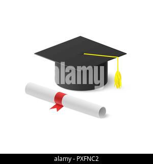 Graduazione realistico hat e diploma di laminati con nastro rosso. Illustrazione di vettore isolato su sfondo bianco Illustrazione Vettoriale