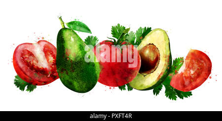 Avocado e pomodoro su sfondo bianco. Illustrazione ad acquerello Foto Stock